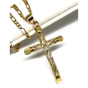 10k Solid Gold Yellow 2-Tone Jesus Cross Crucifix Termite Pendant Necklace (MED,SM)