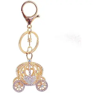 One Pack Cute Love Love Crown Pumpkin Car Carriage Fairy Rhinestone Car Key Chain Ring Gift Bag Buckle Holder