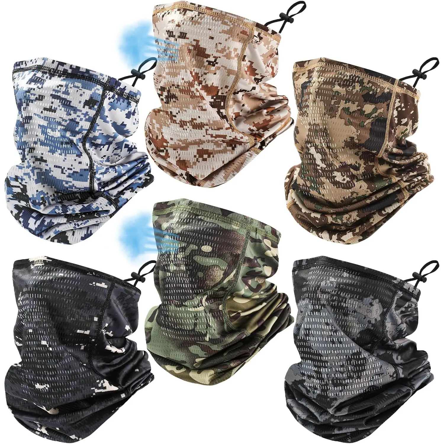 6 Pack Camouflage Cooling Neck Gaiter - Mesh Vent, Adjustable Gators, Ice Fabric, Breathable Face Cover, 16.54×9.84 in, Machine Washable, Hang Dry, Do Not Iron for Hunting, Hiking