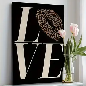 1 Piece Framed LOVE Leopard Print Wall Art - Modern Bohemian Home Decor, Solid Wood Frame, Waterproof Canvas Poster, Includes Living Room, Bathroom Hooks and Hardware, Spring Festival Gift for Him or Her, Leopard Print Decoration, Bold Typography, Durable