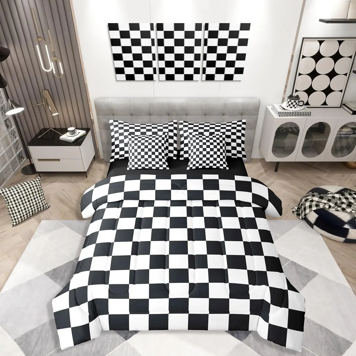 Feelyou 7-Piece Black and White Buffalo Plaid Checkered Comforter Set, Microfiber Queen Decorative Bedding Set, Geometric Grid Gingham Bed in A Bag, Microfiber Bedding Set