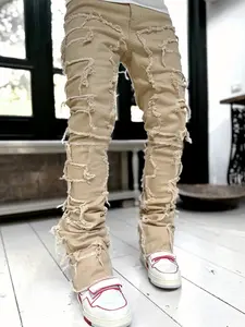 Men's Stylish Hiphop Vintage Khaki Stacked Spliced Slim Flared Jeans Pants Streetwear Distressed Straight Biker Denim Trousers Beige Menswear Summersale