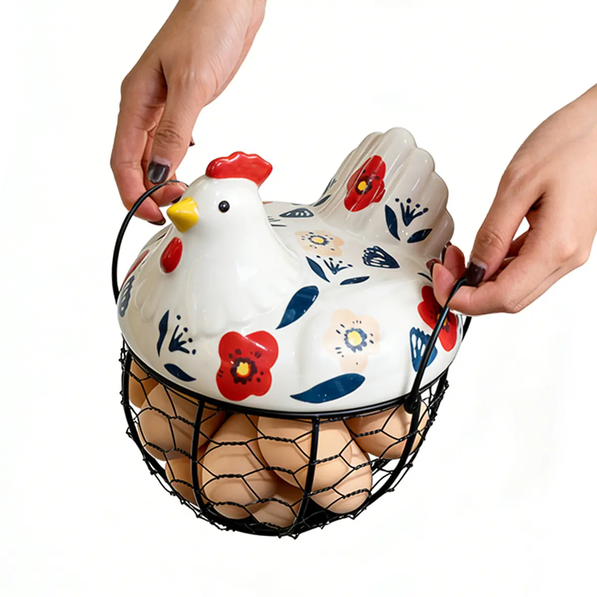 Durable Iron Chicken Egg Basket with Lid - RusticFarmhouse Kitchen Storage Organizer. Not just for eggs,use for fruits, keys & decor. Ideal for teen Easter basket2026, Easter baskets for girlfriend, boyfriend Easter basket,toddlers Floral Decorative