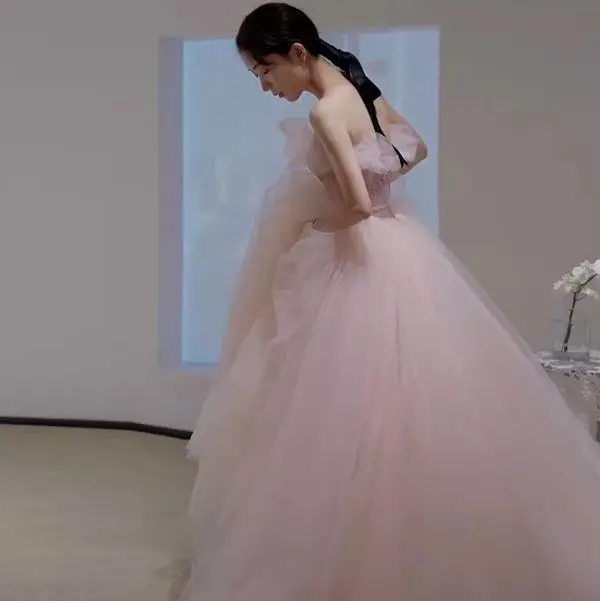 BRAND NEW : bandeau pink evening dress skirt female high-end light luxury small severity day adult fugitive princess wedding dress french high-end Womenswear Birthday Chic Elegance Style Underwear Lady Gowns Comfort