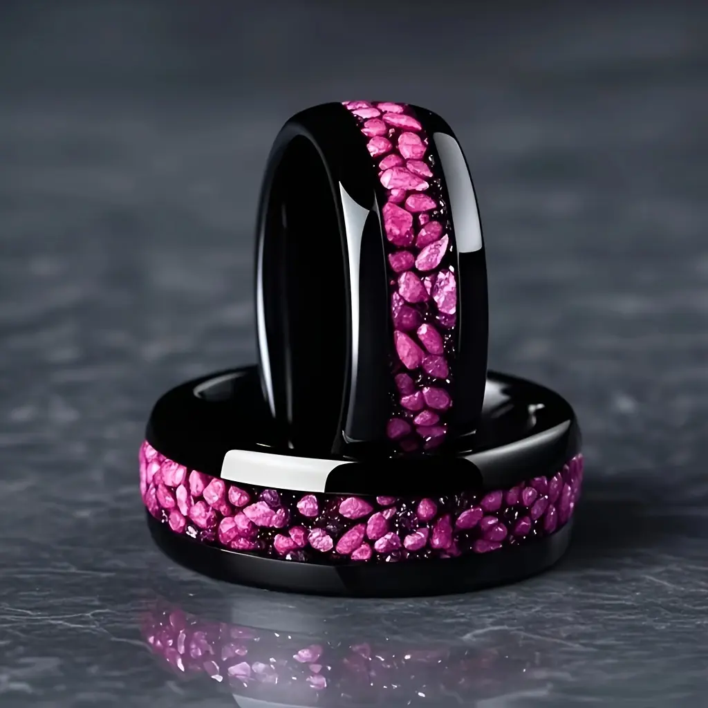 Unisex Black Stainless Steel Ring with Metal Coating and Blush Pink Accents - Valentine's Day Gift, Special Occasion Costume Jewelry, Valentine Gifts, Blush Accent
