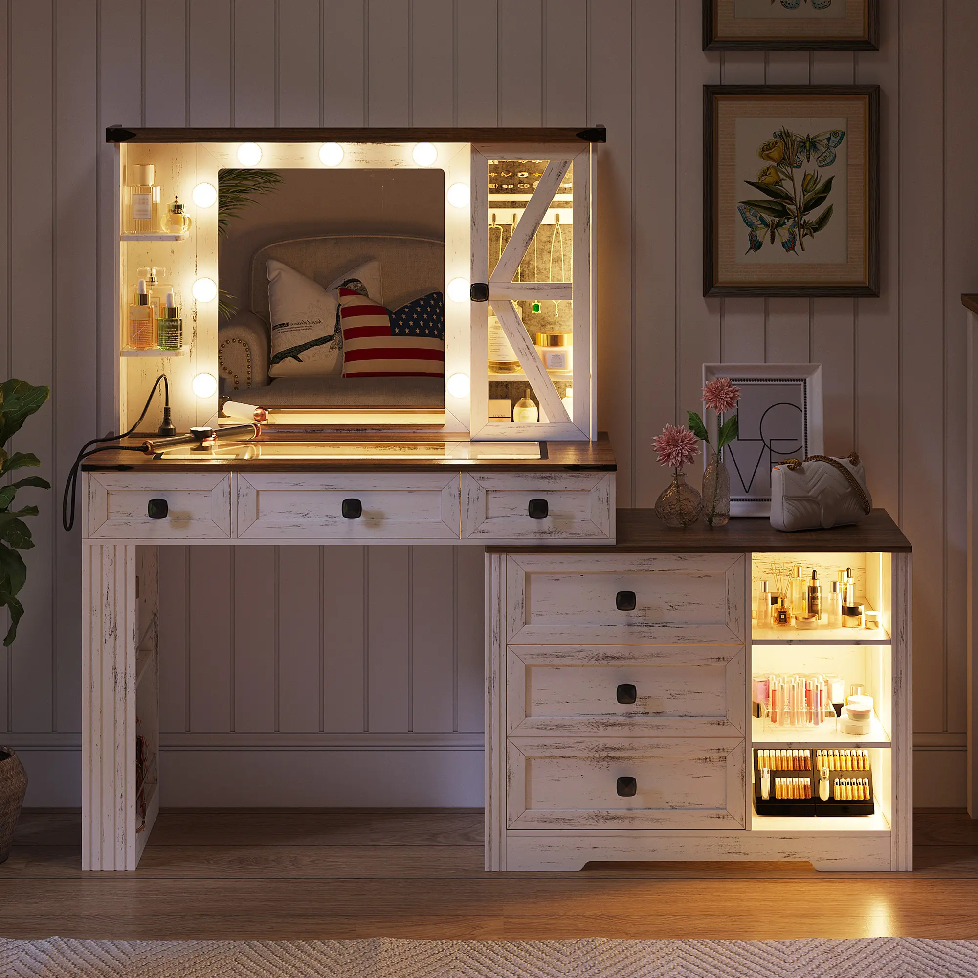 FREDEES Farmhouse Lighted Vanity Desk Set with LED Hollywood Mirror, 6 Drawers, Large Storage, Adjustable Brightness, Charging Station, White Led-Lit Makeup Vanity Dresser for Women, Dresser With Led