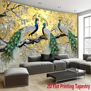 2D Flat, 1pc Elegant Peacock Tapestry Wall Hanging - Golden Peacock & Floral pattern in Blue, Green, Golden - Durable Polyester Fabric Indoor/Outdoor Decor for Living Room, Bedroom, Wedding, Party - Fade-Resistant Luxury Wallpaper substitute - Easy to Cle