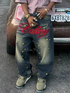 Four-season loose straight-leg wide-leg blue stacked flared jeans, decorated with letter and star embroidery, American street fashion clothing, a versatile must-have for daily casual wear, essential for trendy and cool outfits