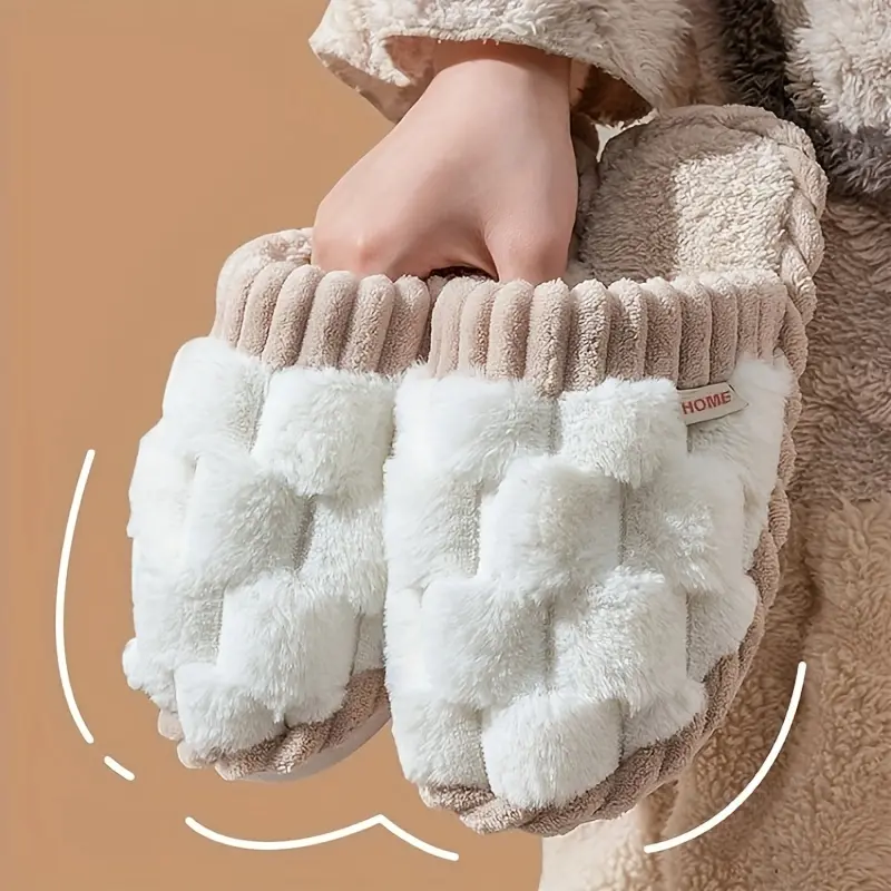 Chic Checkered Plaid Slippers for Women and Men, Minimalist Plush Fabric Indoor Shoes with a Cozy Lining and Durable Non-Slip Soft Sole, Ankle, Non-Slip Traction, Round Toe, Indoor Wear, Checked, Home Bathroom Slippers, Tpr Outsole, Indoor Casual