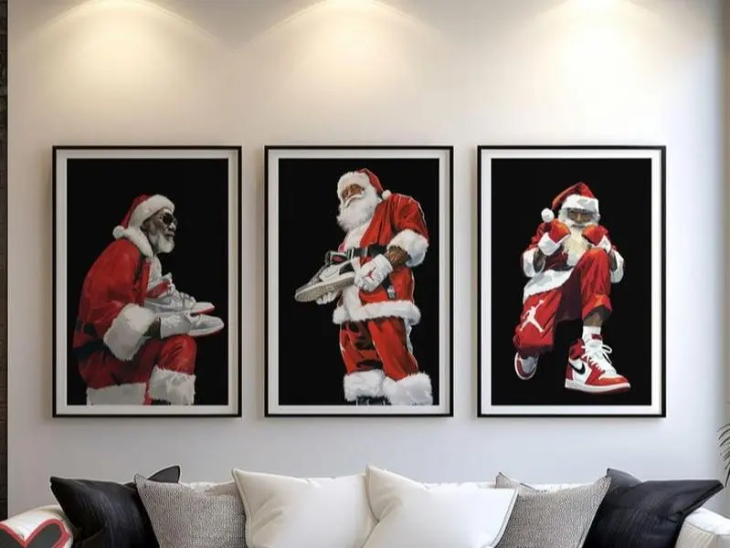 Hype Black Santa Prints Poster, Set of 3 Wall Art, Christmas Prints, Cool African American Santa Claus Art, Digital prints Room Decor