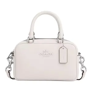 Coach Satchel 19 Logo Zip Top Smooth Leather Bowling Bag for Women, Silver and White