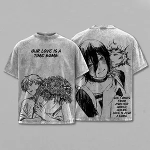 Chainsaw Man Denji x Reze Tee Washed – The Movie: Reze Arc Exclusive Vintage Oversized Heavy Cotton Anime Manga T-Shirt, Double Printed Retro Unisex Streetwear Graphic Top, Ultimate Otaku Gift for Fans Chainsaw Man anime merchandise