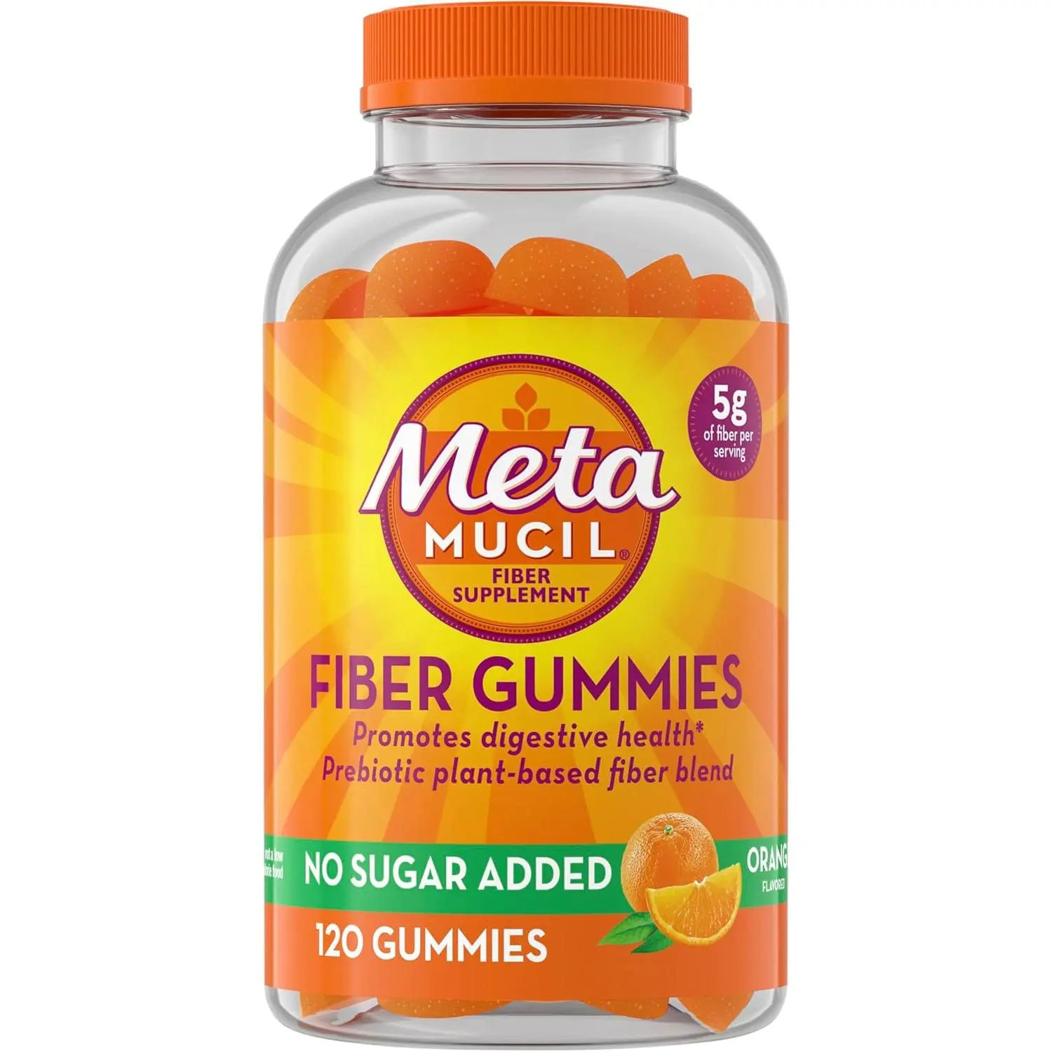 Metamucil Adult Dietary Fiber Gummies, No Sugar Added Orange Flavor, 5g Prebiotic Plant-Based Fiber Supplement Blend with Prebiotic Inulin, 120 Pieces, Supports Digestion