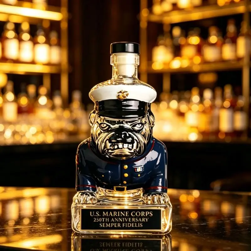 Marine Corps Bulldog Whiskey Decanter Bottle - Durable Non-Lead Crystal Glass, Semi-Manual Pourer, Military Home Decor, Unique Gift for Military Enthusiasts, Cool Military Home Decor