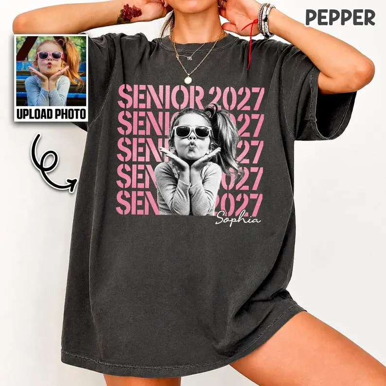 [Saleup to 75%] Comfort Colors Custom Photo Senior 2027 Shirt, Personalized Graduation Graphic Tee, Class of 2027 Senior T-Shirt, Graduation Gift