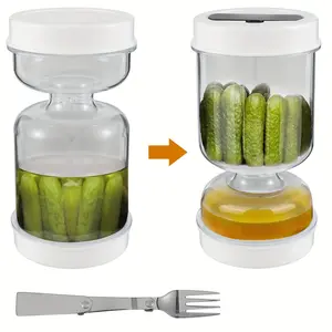 1Pc, Leakproof Pickle and Olive Jar with Filter and Fork, Airtight Reusable ABS Storage Container, Dry Wet Separation, Inverted Design, Flip Closure, Freezer Safe