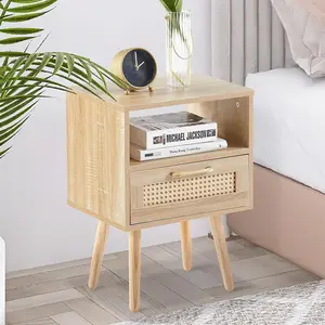 Modern Rattan Side Nightstand with Drawer and Storage Shelf, Solid Wood Legs for Living Room/Bedroom white durable