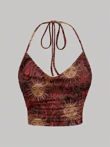 Sable x MOD Casual Minimalist Halter Tie Neck Fitted Versatile Top With Sunflower Print Pattern