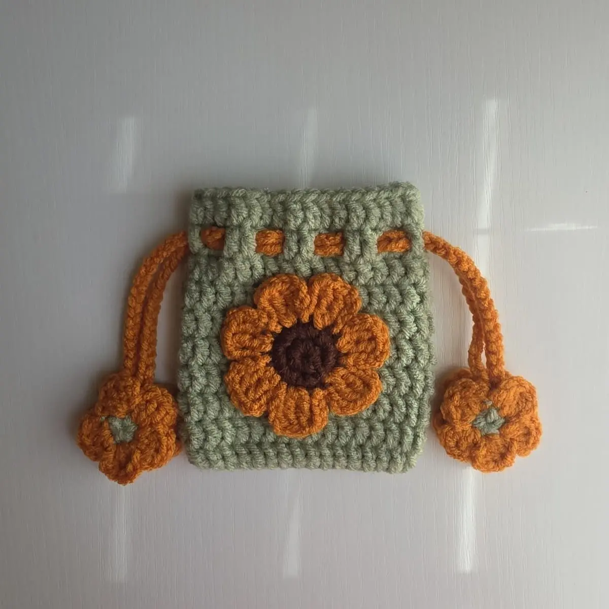 Sunflower Crochet Drawstring Pouch Handmade Sunflower-Themed Pouch with Mini Flower Drawstring Ends Cozy Whimsical & Aesthetic Design