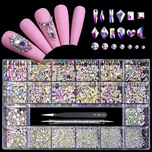12 Types of Crystal AB Diamonds + Flat Rhinestones 2500 pcsMix 20 Styles Flatback DIY Crafts Rhinestone Crystals 3D Ornament‌s Flat Back Stones Set + Tweezers + Drill Pen