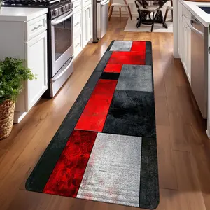 1PC, Red Black Gray Geometric Splicing Patterned strip rugs, Modern geometric rug, home décor, bathroom mats, entryway mats, bedroom bedside mats, kitchen mats, hallway rugs, flannel sponge rugs