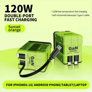[Buy 1 get 1 free] 2 in 1 GaN Charger 120W Fast Charging Type C Lightning Retractable Wall Foldable Plug for iPhone Samsung Galaxy iPad MacBook Travel Friendly Compact Safe Tech Gift