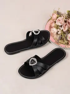 Women's New Summer Casual Flat Sandals Heart Accessory Comfortable Versatile Beach Shoes, PU Leather Slides Rubber Sole, Casual Style