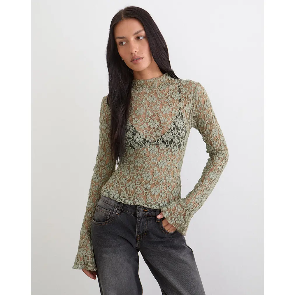 Beerus Long Sleeve Mock Neck Top in Lace Sage Green