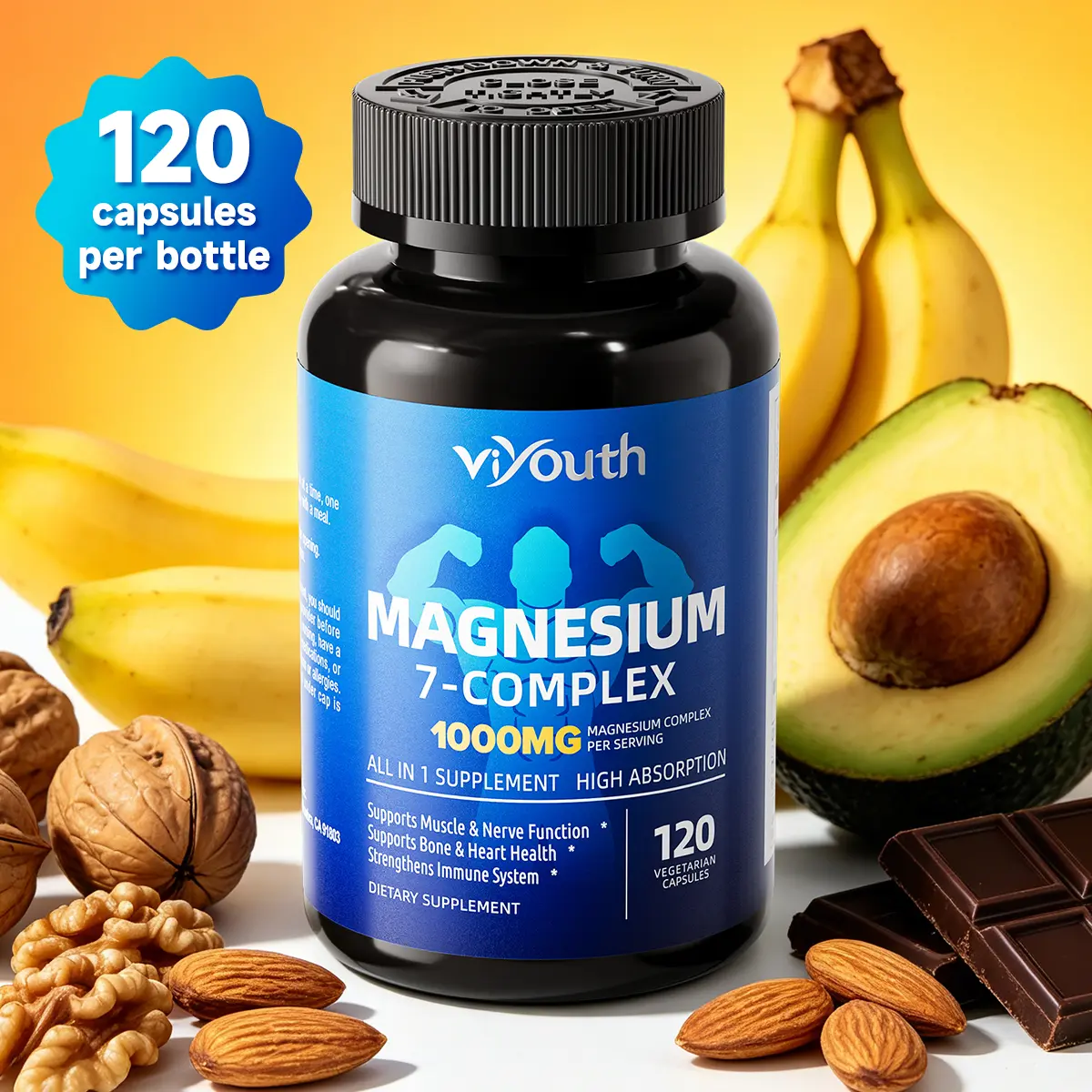 Viyouth 120-Count 1000mg Magnesium 7-Complex Dietary Supplement Capsules, High-Absorption Glycinate-Citrate-Malate Blend with B6, D3, Zinc, Sugar-Free, Gluten-Free for Fitness, Deep Sleep, Bone Wellness, Vitamin-Infused Healthcare Support