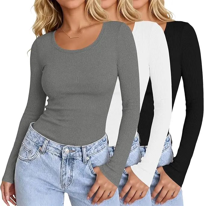 Ekouaer Women's Minimalist Thermal Underwear Top - Long Sleeve, Ribbed, Scoop Neck, Fitted, 2025 Fall Casual Medium Weight Clothing, XS-XXL Sizes, Lady, Women's Clothes, Polyester, Thermal Top, Solid, Elastane, Regular, Basic