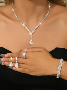 Luxurious Silver Color Water Drop Crystal Earrings, Rhinestone Necklace Bracelet Ring Jewelry Set for Women, Wedding Party Holiday Wear