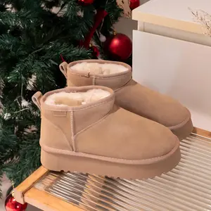 Fuzzy Platform Slip-on Slippers Women Men Waterproof Suede Leather Ankle Boots for Indoor Outdoor Fall Winter Comfy House Shoes