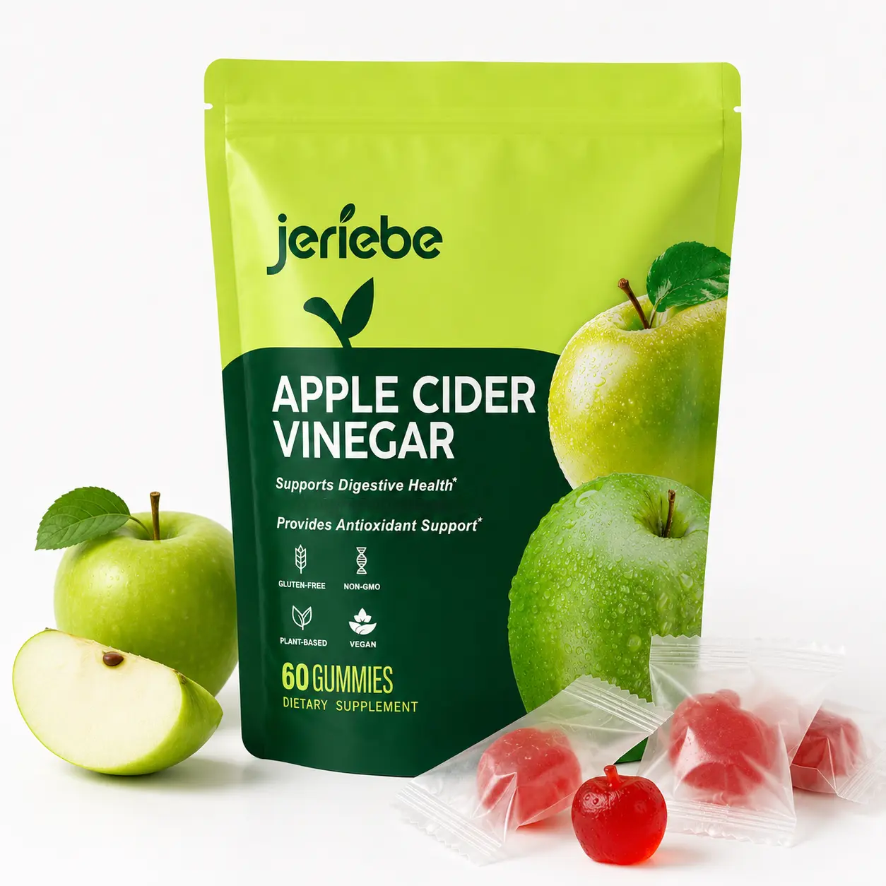 Apple Cider Vinegar Gummies ACV Supplement, Specially Added ACV Powder, Vitamin B12 & Folic Acid to Support Digestive Health, Metabolism & Cell Wellness for Adults Anytime, 60 Individually Wrapped Vegan Gummies, 30-Day Supply
