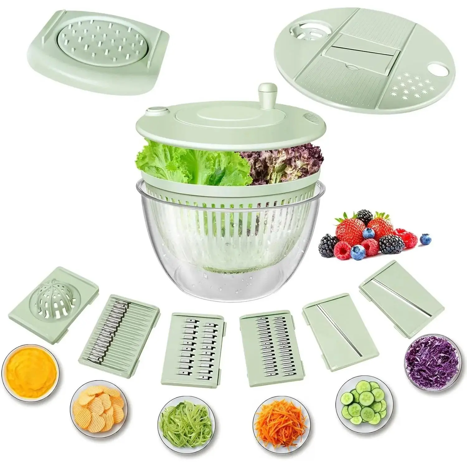 5.3 Qt (5.3L) Stainless Steel Multi-Functional Kitchen Utensil Set - Family Salad Spinner, Vegetable Fruit Wash Bowl, 5-Blade Pasta & Fries Dryer, Egg Yolk Separator, Slicer, Shredder, Colander, Green White, Hand Washable, Multi-Tasking, Healthy Materials