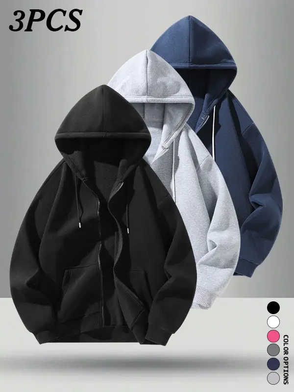 Men’s hooded zip-up sweatshirt, multi-pack for autumn, loose casual fit, versatile solid color long sleeves, outerwear