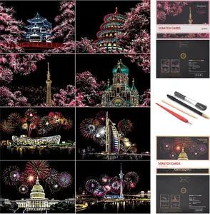 Scratch Art for Adults and -City Landmarks Scratch Painting Craft Kit (8 Sheets A4)|DIY Foil Engraving Art Set|   for Travel Lovers, Craft Lovers,  Decor (Firework&Sakura)