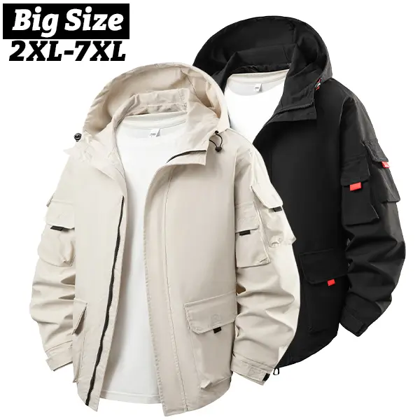 Plus Size Men’s Workwear Hooded Softshell Jacket, 2XL–7XL, Two Colors, Multiple Pockets, Loose Outdoor Functional Outerwear