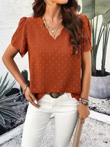 Elegant Women's Summer Shirt, Vacation Style, Pure Color V-Neck, Leaf-Sleeve Blouse, Stylish Fashionable Design, Perfect for Casual