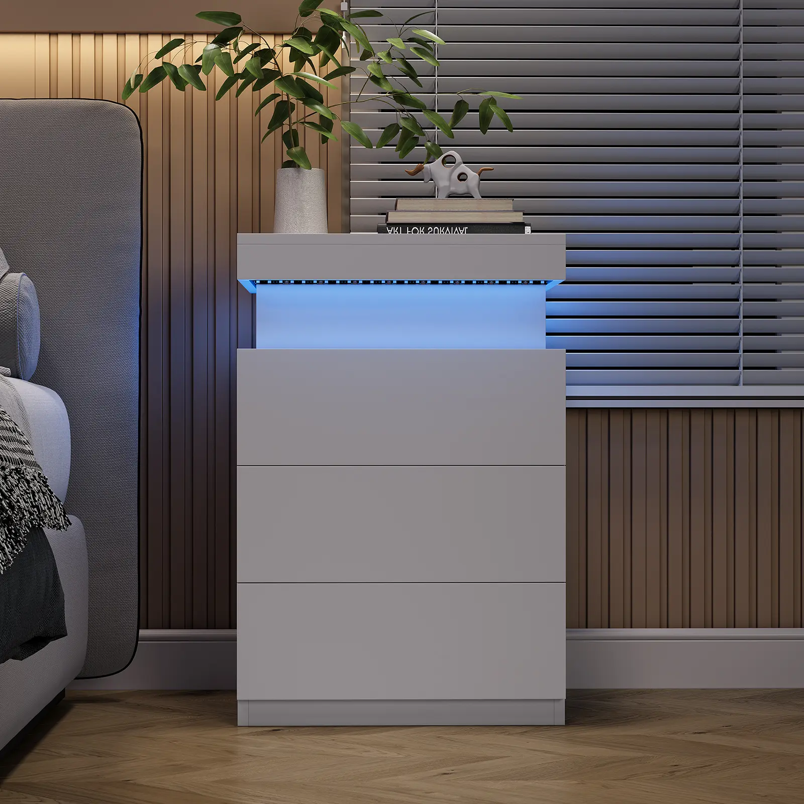 RGB LED Light Nightstand with 3 Drawers, Sliding Tabletop Bedside Cabinet with Charging Station & Hidden Storage Compartment, Modern Wooden Night Stand for Bedroom
