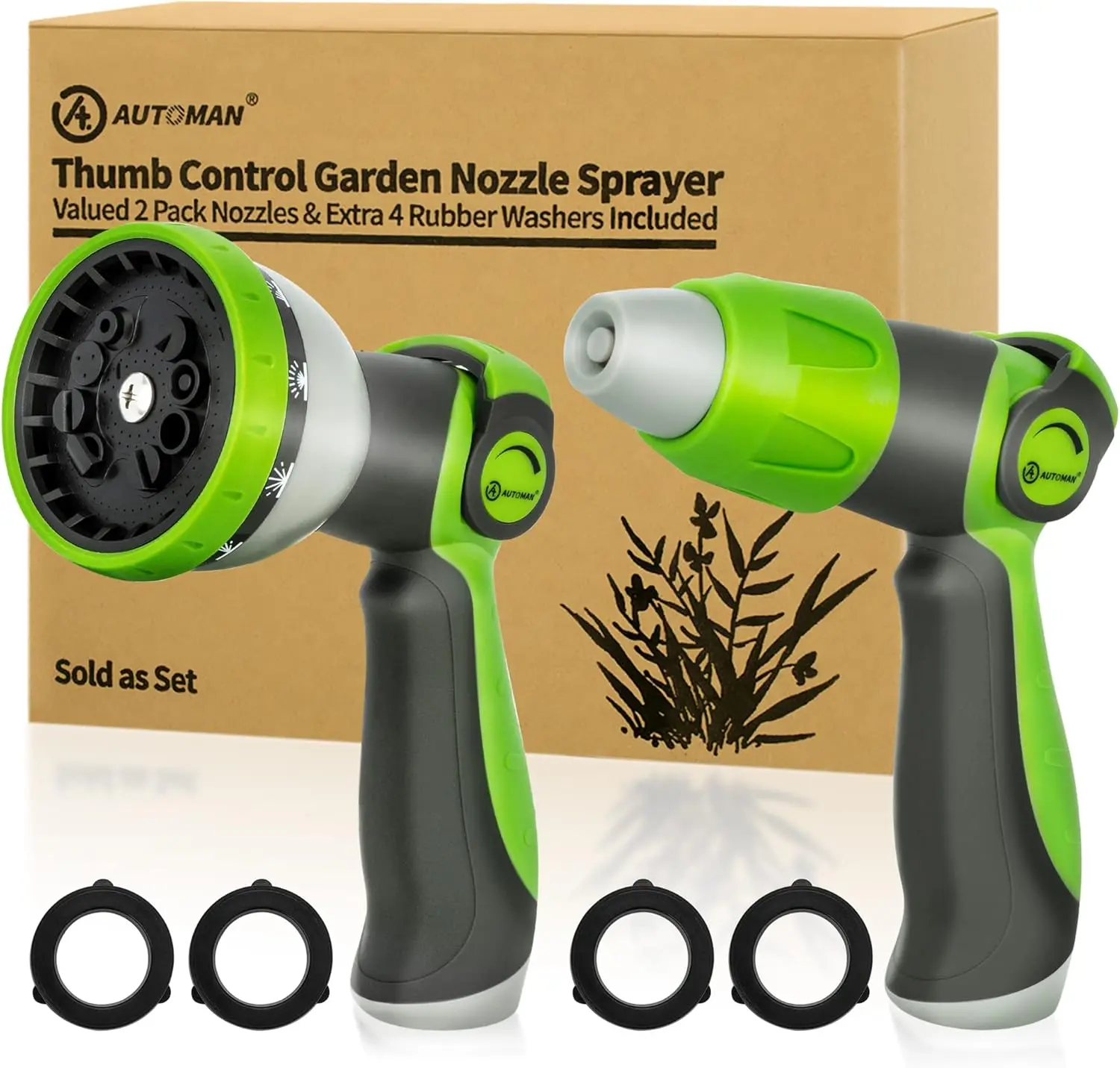 Garden Hose Nozzle - 2 Pack, Thumb Control Sprayer, Slip-Resistant Water Nozzle, Extra 4 Washers, for Watering Plants Lawn & Garden, Cleaning, Washing Car, Showering Pets