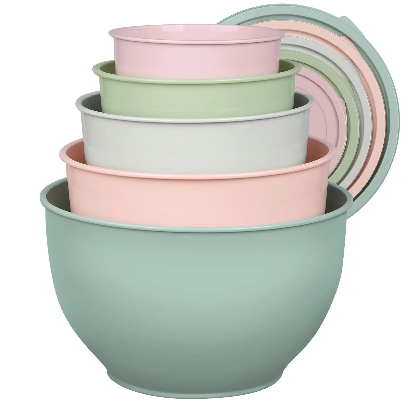 Greentainer 5-Piece Plastic Mixing Bowls Set with Lids - Aesthetic Morandi Colors, Lightweight Unbreakable Space-Saving Tableware for Baking, Serving & Kitchen Food Prep
