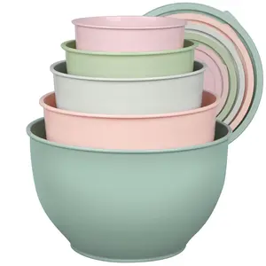 5-Piece Nesting Plastic Mixing Bowls Set with Lids | Minimalist Morandi Colors, Unbreakable Space-Saving Tableware for Baking, Serving, BPA-Free Kitchen Prep Containers
