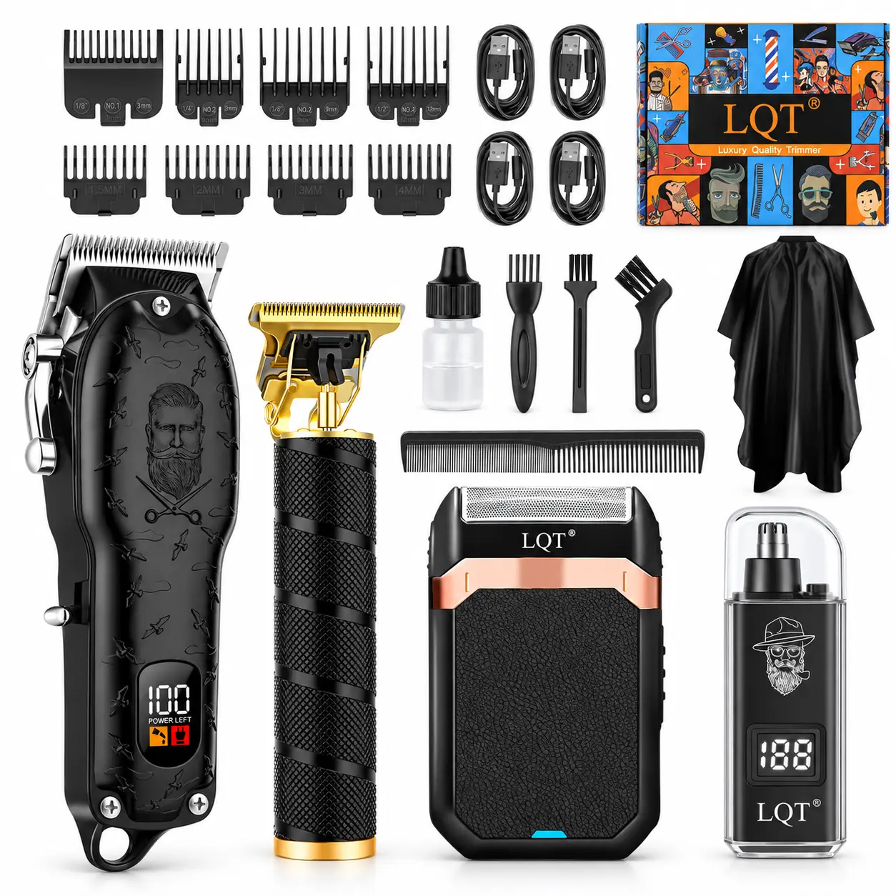 LQT 4-in-1 Professional Barber Kit for Men, Cordless Hair Clipper, T-Blade Trimmer, Double-Foil Shaver & Nose Trimmer, Rechargeable Men’s Grooming Set