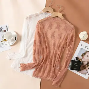2pcs Randomly French Lace Mock Neck Sheer Multi Colors Mesh Base Layer | Autumn/Winter Sexy Slim-Fit Inner Wear Long-Sleeve Top with Geometric Pattern