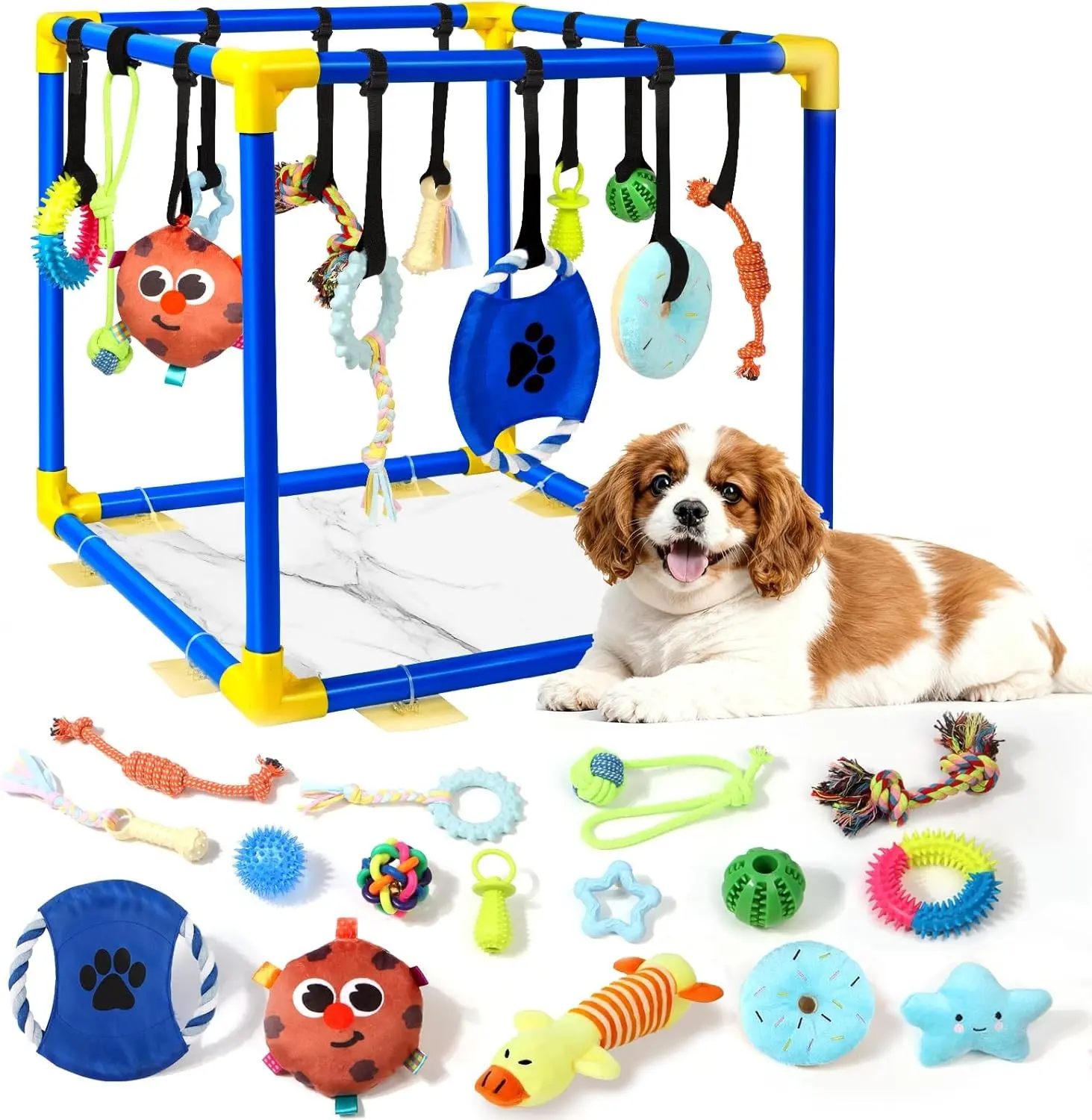 Colorful Puppy Play Gym, Removable Dog Enrichment Playground with 16 Toys - 12 Hanging & 4 Floor Squeaky Teething Removable Toys, Interactive Play Indoor Training Activity Center for Small Dogs