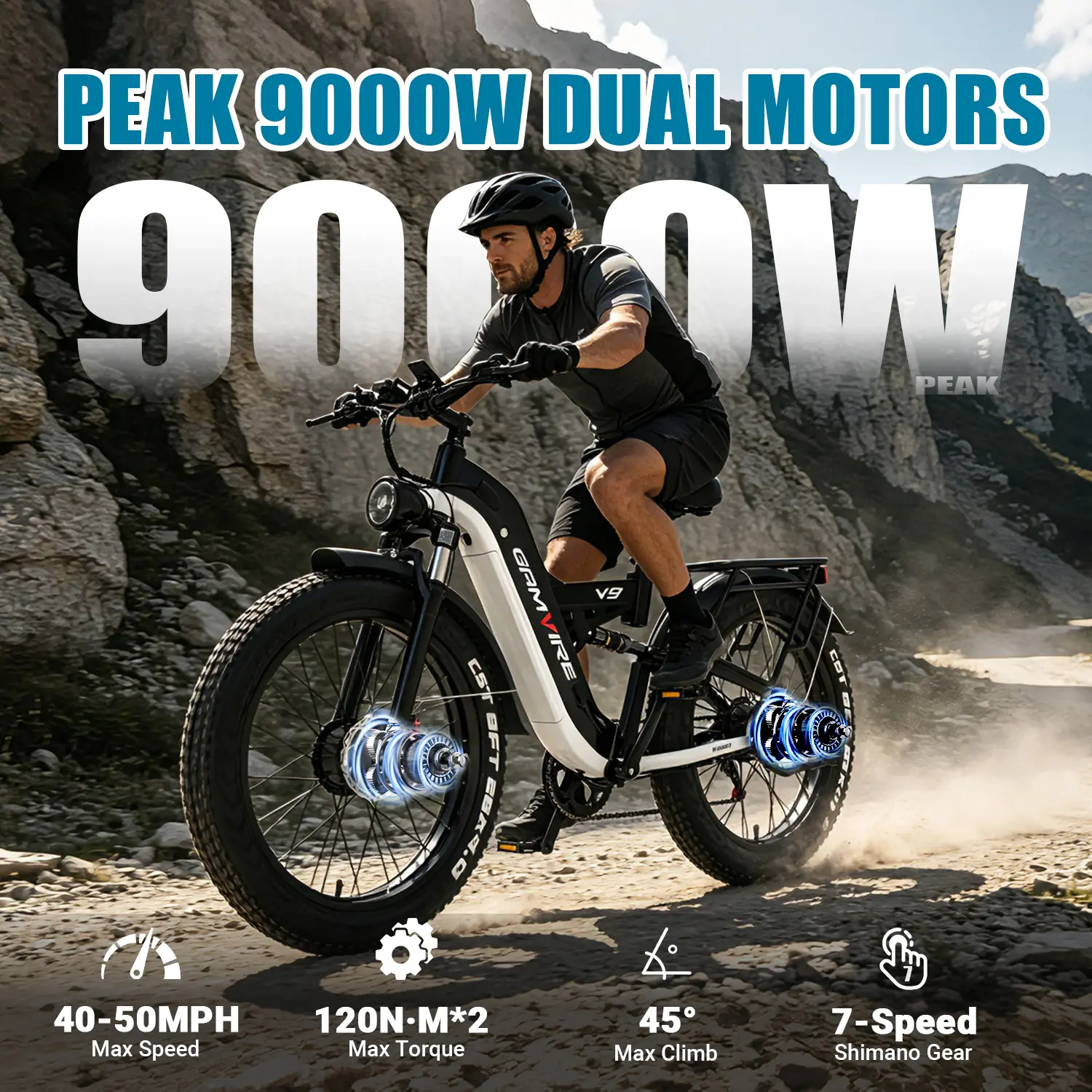 EBycco V9 Foldable Electric Bike for Adults - 26-Inch Fat Tires, 9000W Peak Motor, 55 MPH, 52V 30Ah Removable Battery, 80-120 Mi Range, Full Suspension, Hydraulic Brakes, UL Certified Dual Seat, LED Light, Off-Road Riding, 12-Month Support