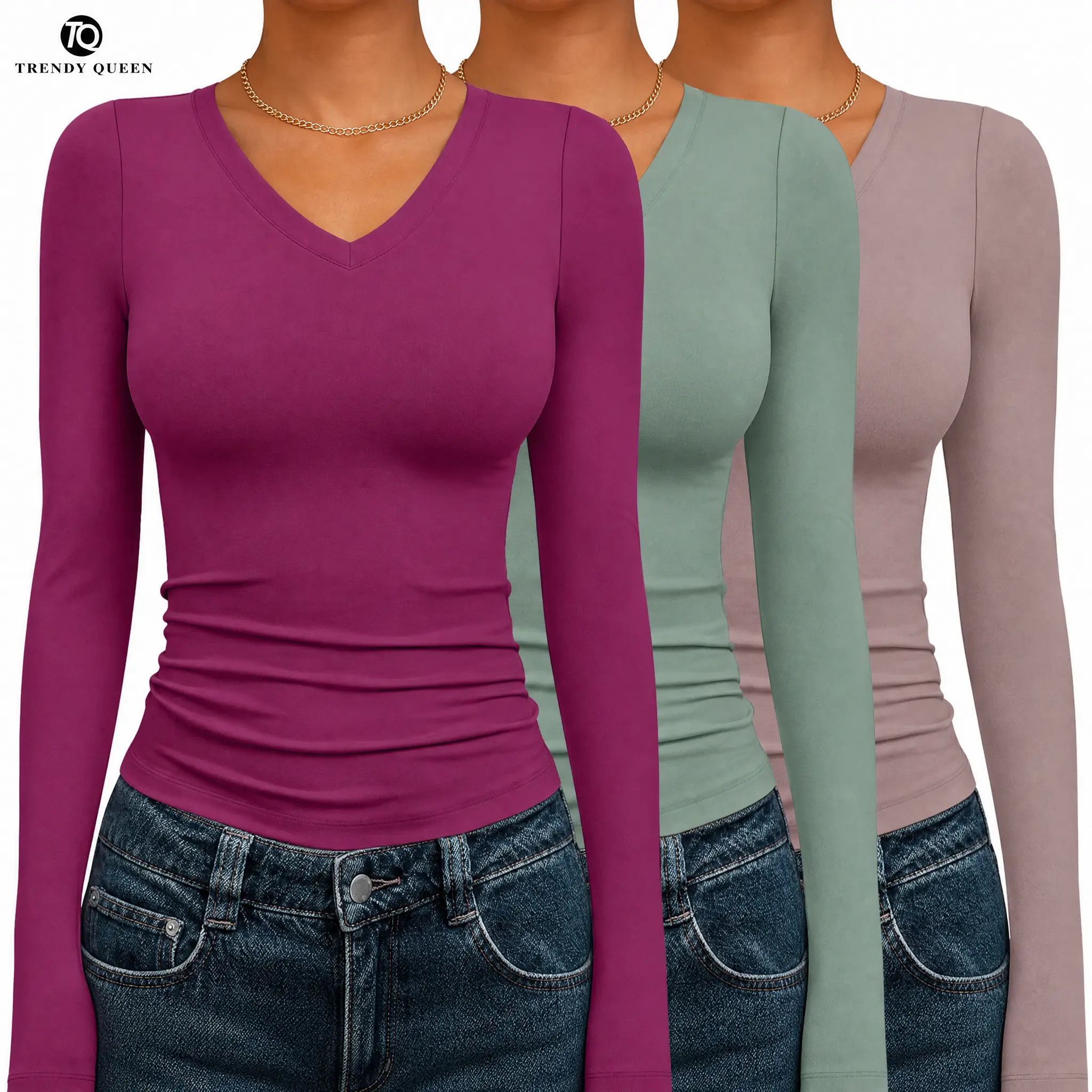 TrendyQueen Womens Deep V-Neck 3 PACK Long Sleeve Shirts 2026 Fall Fashion Basics Crop Tops
