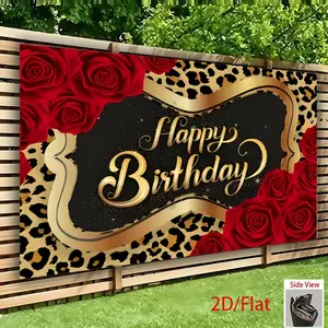 Leopard & Rose Polyester Party Banner Backdrop - Elegant Black-Golden Frame with Red Roses, Ornaments for Birthdays, Weddings - Versatile Home & Event Textile Decoration with Sophisticated White Design