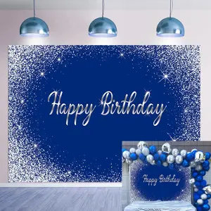 Royal Blue Happy Birthday Backdrop 7x5FT Glitter Blue Silver Dot Photography Background Birthday Party Decoration Banner Cake Table Dessert Table Photo Supplies