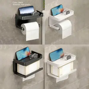 Plastic Toilet Paper Holder Wall Mounted, No-Drill Bathroom Organizer, Dual Use Phone Stand, Cosmetic Storage Rack, Bath Accessories, Tissue Holder, Bathroom Organization